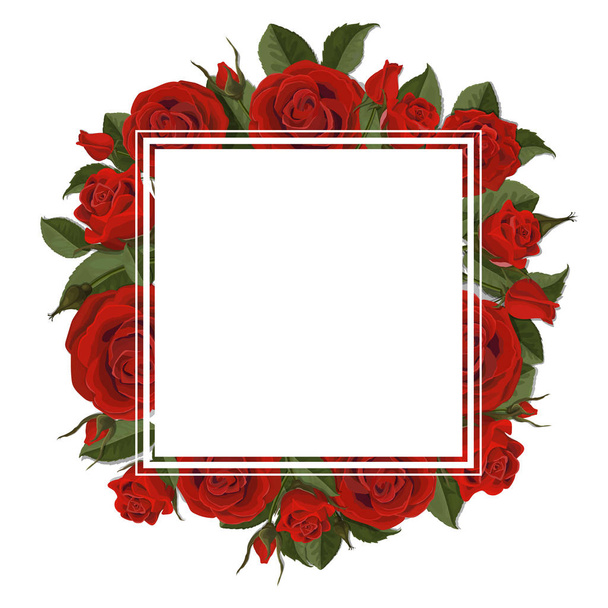 Square greeting card on red rose flowers - Vector, Image