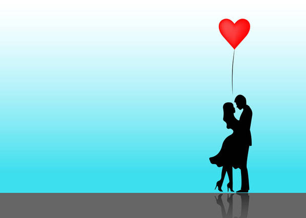 Ρομαντικό σιλουέτα της αγάπης ζευγάρι. Ημέρα του Αγίου Βαλεντίνου 14 Φεβρουαρίου. Ευτυχείς εραστές. Vector εικονογράφηση απομονωμένες ή ουράνια φόντο - Διάνυσμα, εικόνα