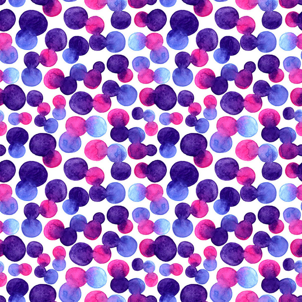 Watercolor bright spot blob seamless pattern. Violet, blue and pink color on white background. Art brush abstract painting. Hand drawing spots and circles. Unusual and teen design - Foto, Imagem
