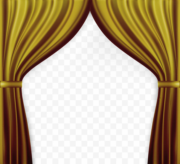 Naturalistische afbeelding van gordijn, open gordijnen goud kleur op transparante achtergrond. Vectorillustratie. - Vector, afbeelding