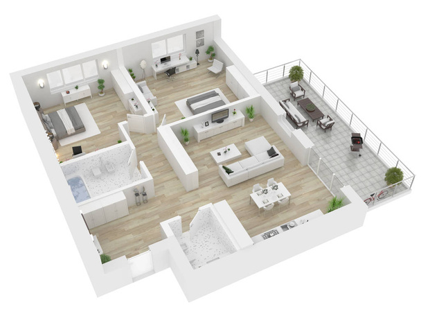 Κάτοψη κάτοψη. Εσωτερικό διαμέρισμα που απομονώνονται σε λευκό φόντο. 3D καθιστούν - Φωτογραφία, εικόνα
