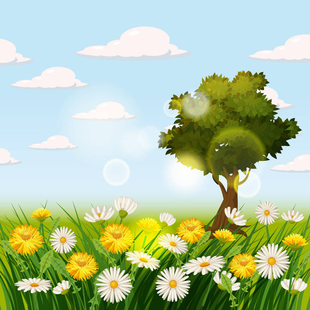 Spring beautiful scenery, fields, chamomile flowers, dandelions, clouds, cartoon style, vector, illustration, isolated - Vector, Image