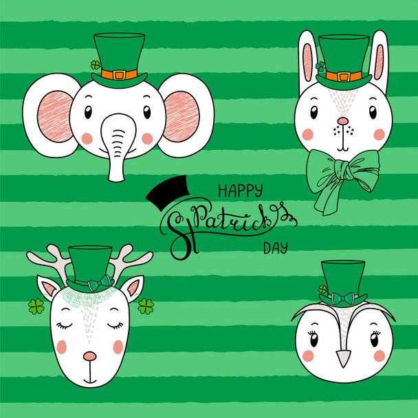 Set von handgezeichneten lustigen Tieren in Koboldmützen mit Text Happy Saint Patricks Day, Vektor, Illustration - Vektor, Bild