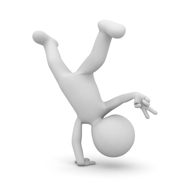 3d homem fazendo cartwheel e mostrando vitória v mão sinal isolado no fundo branco com sombra. Renderização 3D
. - Foto, Imagem