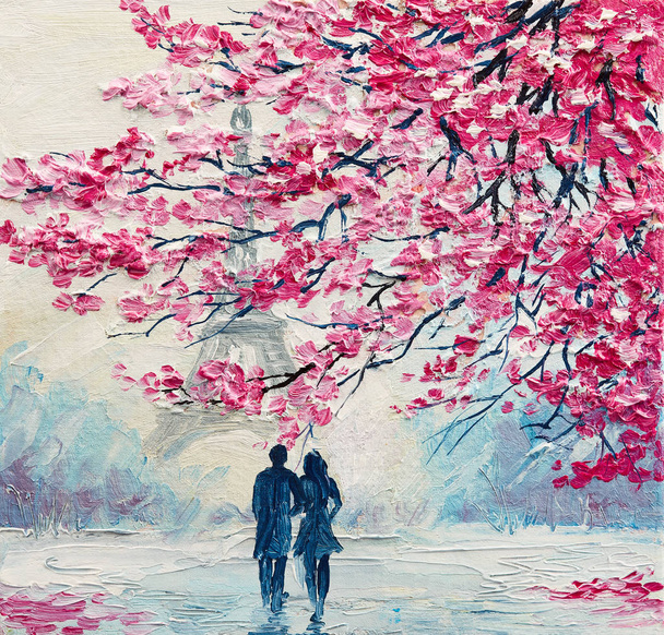 pintura al óleo sobre lienzo, pareja de amantes bajo un paraguas, París, Torre Eiffel, arte moderno
 - Foto, imagen