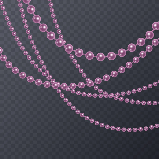 Set of realistic, pink pearl threads on a transparent background, vector illustration - Vector, Image