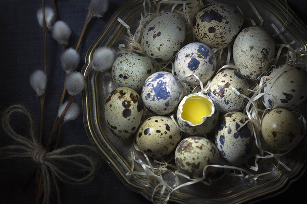 Still life with quail eggs and willow branches. - Foto, afbeelding