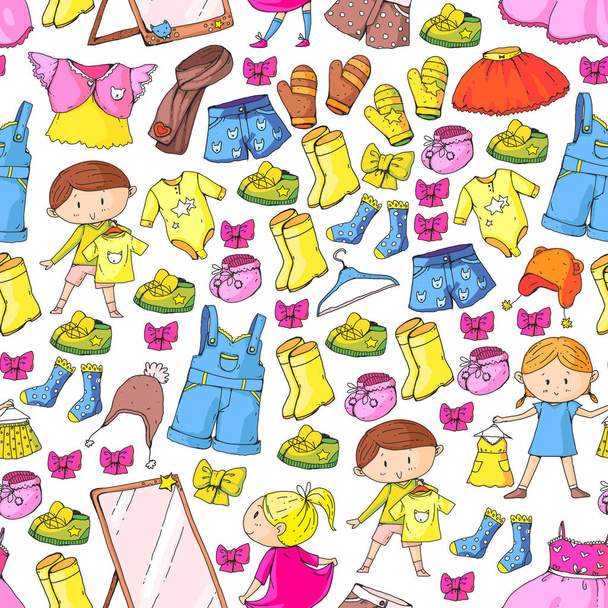 Children clothing Kindergarten boys and girls with clothes New clothing collection Dresses, trousers, shoes, hats, caps, gloves, scarf. Princess dresses - ベクター画像
