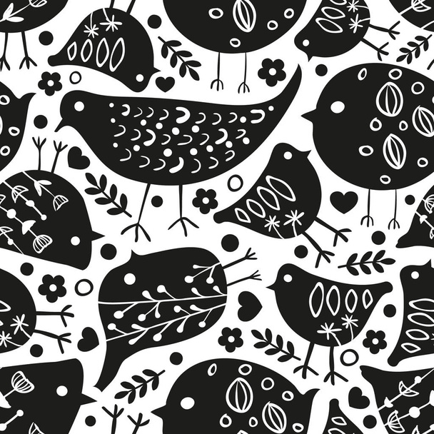 Vector cute floral seamless black and white background with bird - ベクター画像