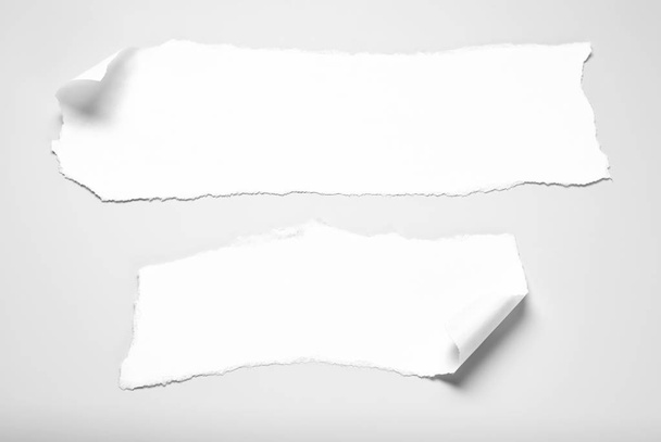 zwei Papierfetzen mit geschwungenen Ecken über grauem Hintergrund - Foto, Bild