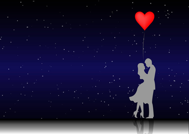 Romantic silhouette of loving couple. Valentines Day 14 February. Happy Lovers. Vector illustration isolated or starry universe background - Vector, Image