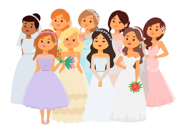 Весільні наречені персонажі векторні ілюстрації святкування весілля мода жінка мультфільм дівчина біла церемонія одруження сукня
 - Вектор, зображення