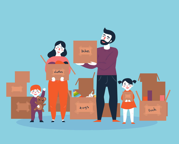 Family moving into a new house with boxes full of household things. Man, woman an their kids. Boy and girl with parents moved to new place. Cartoon illustration in flat style. - Vector, Image