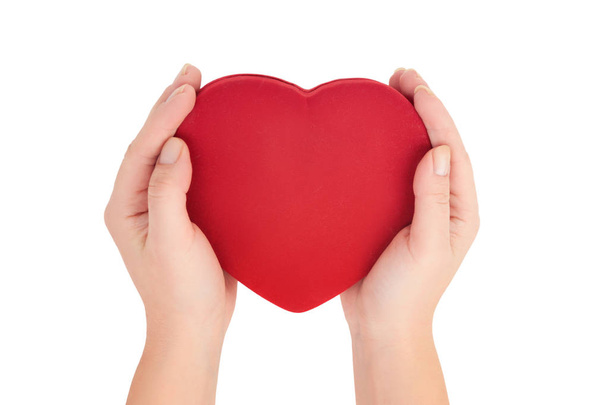 mãos femininas segurando coração vermelho brilhante no fundo branco vista superior
 - Foto, Imagem