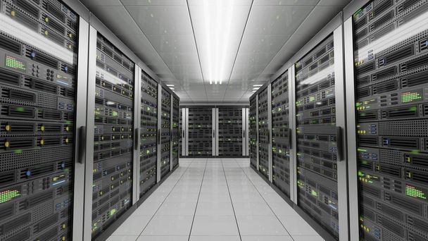 Computer und Server im Rechenzentrum. Datenspeicherung und Cloud-Services-Konzept. 3D gerenderte Illustration. - Foto, Bild