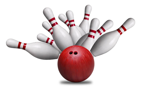 Červený míček zasáhne kolíky v Bowling Strike izolované na bílém pozadí - Fotografie, Obrázek