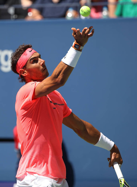NEW YORK - SEPTEMBER 4, 2017: Grand Slam champion Rafael Nadal of Spain in action during his US Open 2017 round 4 match at Billie Jean King National Tennis Center  - Zdjęcie, obraz