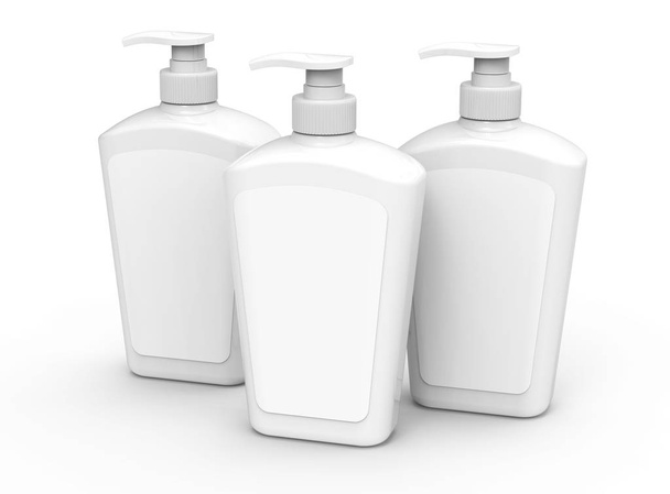 Pump dispenser bottle mockup, blank white plastic bottle in 3d rendering, body wash or hygiene products with label - Fotó, kép