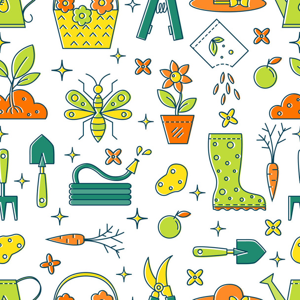 seamless pattern of gardening tools and materials on white background - Vettoriali, immagini