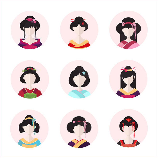 Conjunto vectorial de avatares planos simples realizados en citcle. Cara de geisha japonesa con estilo de pelo diferente
. - Vector, Imagen