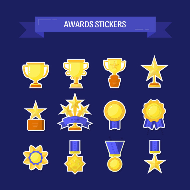 Vector stickers van trofee, medailles, onderscheidingen en cups icons set. - Vector, afbeelding