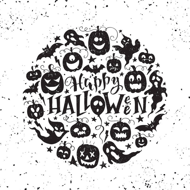 Vector hand drawn poster with hand-lettering, scary pumpkins, ghosts and bat. Happy Halloween greeting card with pumpkin and ghosts. Perfect design element for poster or banner. - Vector, afbeelding