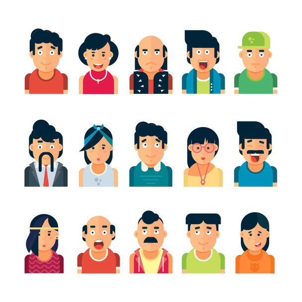 Színes vektor emberek avatar gyűjtemény. Vector design különböző karakter, beleértve az ember és a nők. Lapos karakter design ikon készlet. - Vektor, kép