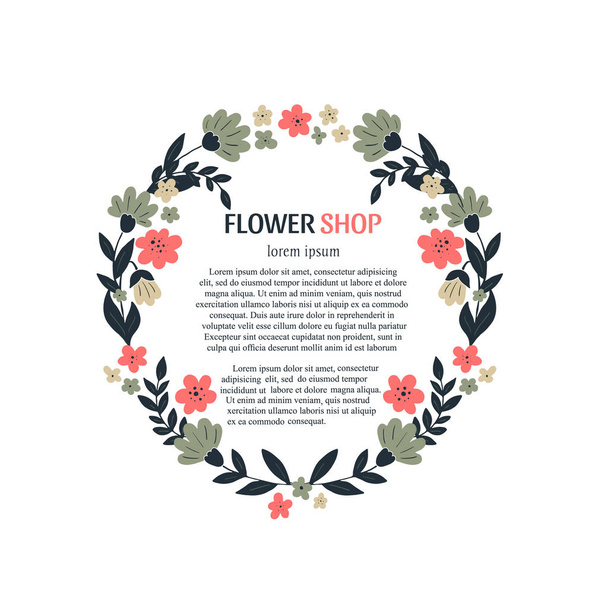 Vector wreath for flower shop identity with text. Vector logo design. Can be used for greeting cards, business card, valentines day card. - Vektor, obrázek