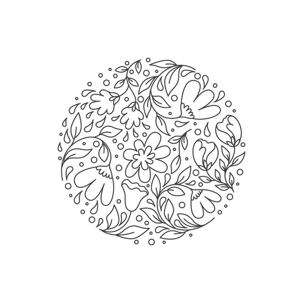 Vector line  style floral logo in a shape of a circle. Circle with flowers. Business identity for boutique, organic cosmetics or flower shop. - Vecteur, image