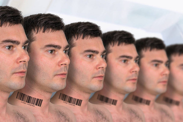 viele Männer in einer Reihe mit Barcode - genetisches Klonkonzept - Foto, Bild