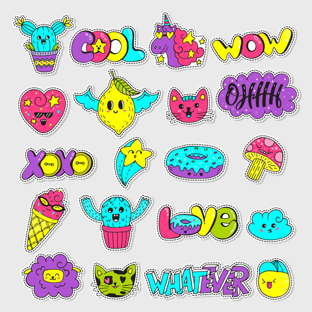 Vector patch set - 80s-90s doodle style design. Kawaii doodle characters. Isolated illustrations - great for stickers, embroidery, badges. - Vector, Image