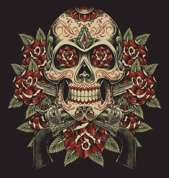 Κρανίο και τα τριαντάφυλλα με περίστροφα τατουάζ εικονογράφηση - Διάνυσμα, εικόνα