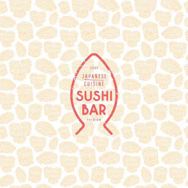 Modello senza cuciture ed emblema per sushi bar
 - Vettoriali, immagini