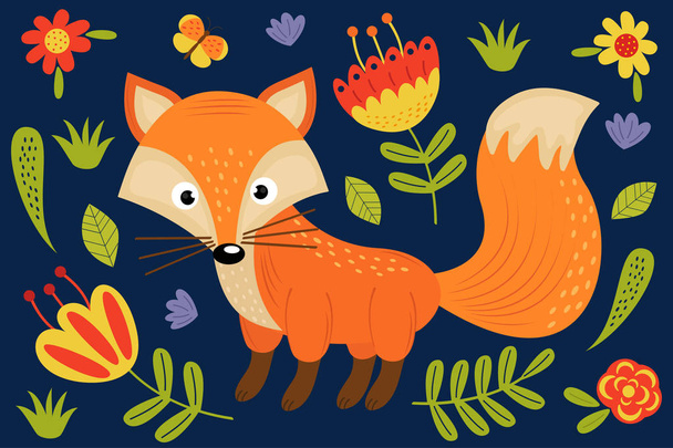 cute fox and plants - vector illustration, eps - Vector, imagen