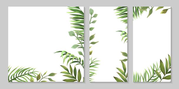 Templates with leaves of palm trees and other branches. Three templates for postcards, wedding invitations, banners, etc. - Wektor, obraz