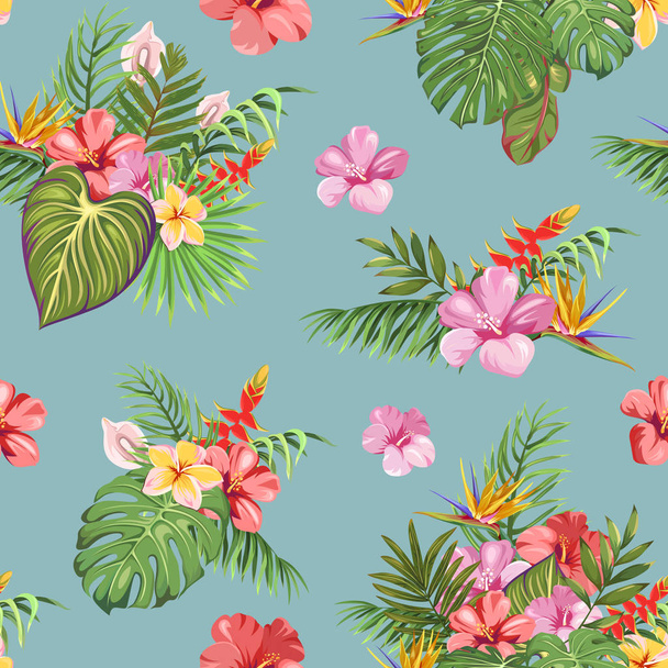 Um padrão sem costura com plantas tropicais e flores exóticas. Padrões de buquês de folhas exóticas e flores
 - Vetor, Imagem
