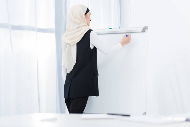 Arabische zakenvrouw maken van notities op wit bord in kantoor - Foto, afbeelding