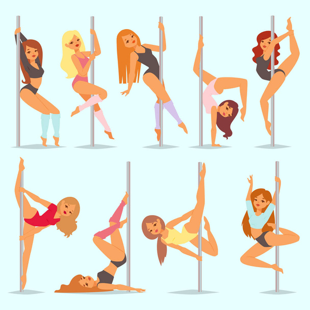 Vector pole dance mujeres estilo de dibujos animados aislado en el fondo joven delgado hermoso pilon poledance striptease chica mostrando algunos trucos ilustración
 - Vector, Imagen