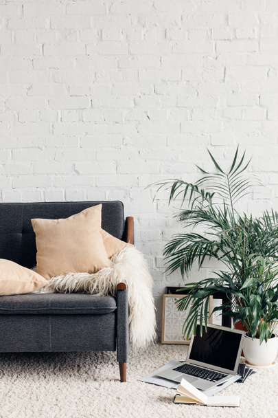 comfy couch in white living room interior with brick wall, mockup concept - Photo, Image