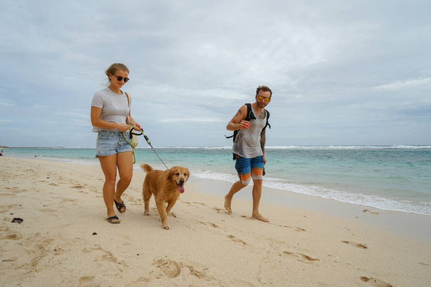 Uma família de freelancers com um cachorro está caminhando pela praia. Uma jovem elegante leva um recuperador de ouro ao lado de seu marido com um surfista. Close-up
. - Foto, Imagem