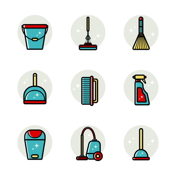 Set vettoriale di icone piatte per la pulizia degli utensili a casa. Oggetti isolati su sfondo bianco. Pulizia della stanza, lavare il pavimento e le finestre. Stile lineare
 - Vettoriali, immagini