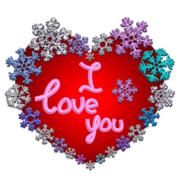 Beautiful red heart with lettering made of snowflakes - Фото, зображення