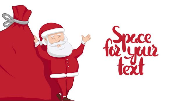 Vector illustration: Santa Claus is leaning on big sack with gifts and shows blank space. Winter Merry Christmas scene. - Vector, Image