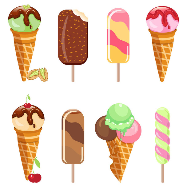Kolekcja lody słodki deser ilustracje wektorowe zimne jedzenie na białym tle. - Wektor, obraz