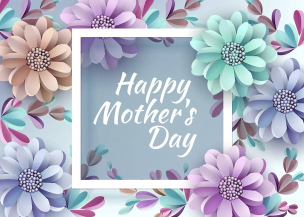 Abstract Festive Background with Flowers and a Rectangular Frame. Happy Mother's Day. Women's Day, March 8. Paper cut Floral Greeting Card. Vector illustration - Vetor, Imagem
