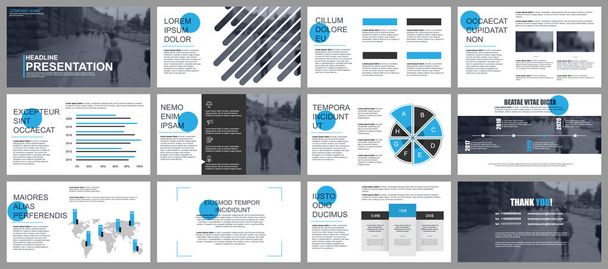 Niebieski i czarny biznesowych prezentacji slajdów szablony z elementów infografikę. Mogą być używane do prezentacji ulotki i ulotki, broszura, marketing, reklama, sprawozdanie roczne, baner, broszury. - Wektor, obraz