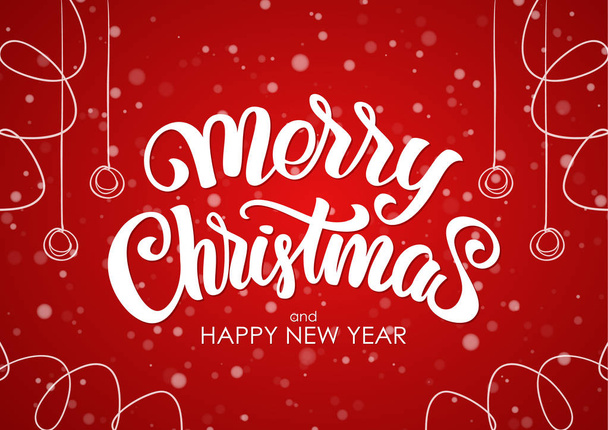 Merry Christmas and Happy New Year. Handwritten lettering with hand drawn decoration on red snowflake background. - Vector, Image