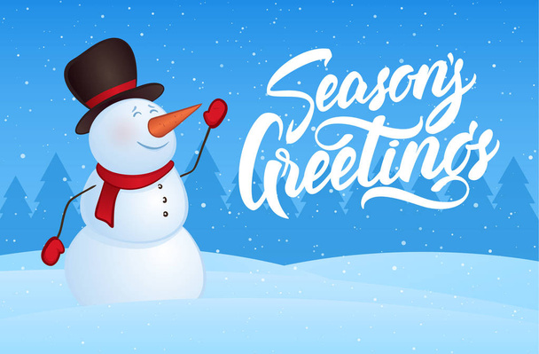 Vector illustration: Winter Christmas card with snowman and hand lettering of Seasons Greetings - Vector, Image