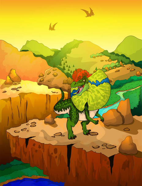 niedlicher Cartoon-Dilophosaurier mit Landschaftshintergrund.  - Vektor, Bild