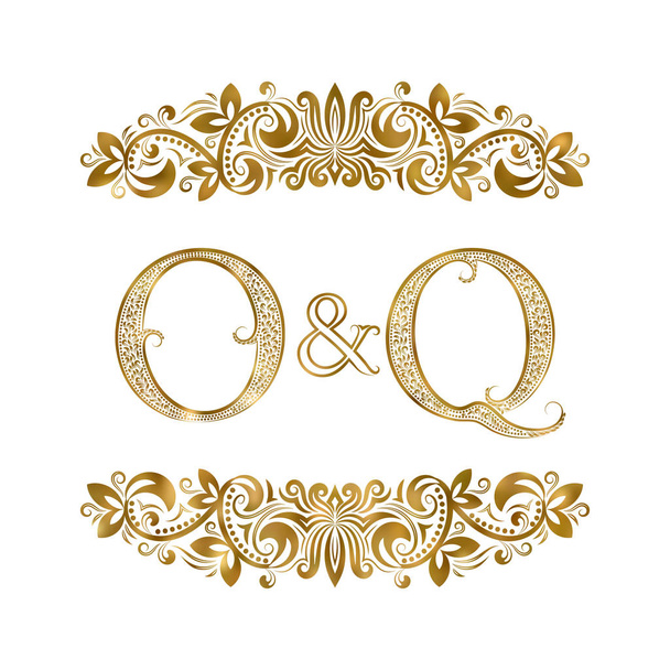 O ja Q vintage nimikirjaimet logo symboli. Kirjeitä ympäröivät koriste-elementit. Häät tai liikekumppanit monogrammi kuninkaalliseen tyyliin
. - Vektori, kuva